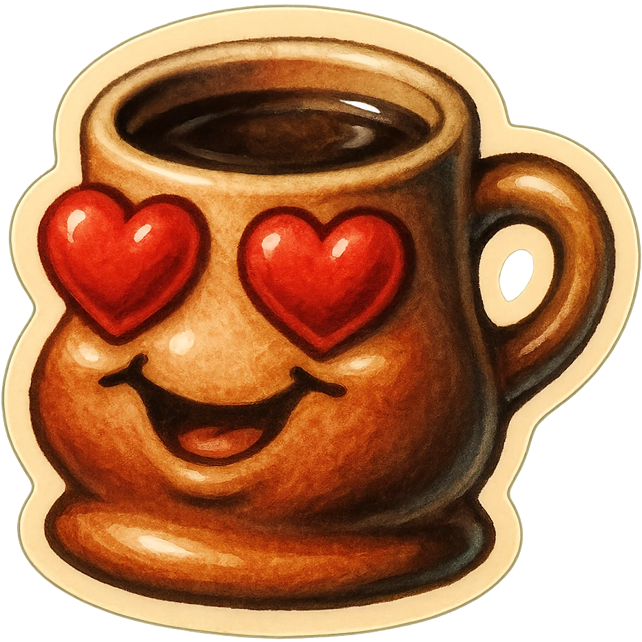 Ink wash style, coffee cup creature, big heart eyes, dopey smile emoji