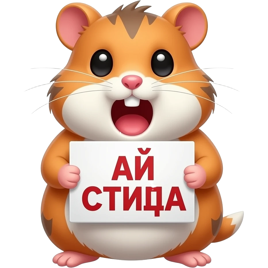 cursed cute hamster twitch emote screaming while holding “АЙ СТИГА” sign, exaggerated reaction, transparent background, thick outline, highly memeable emoji