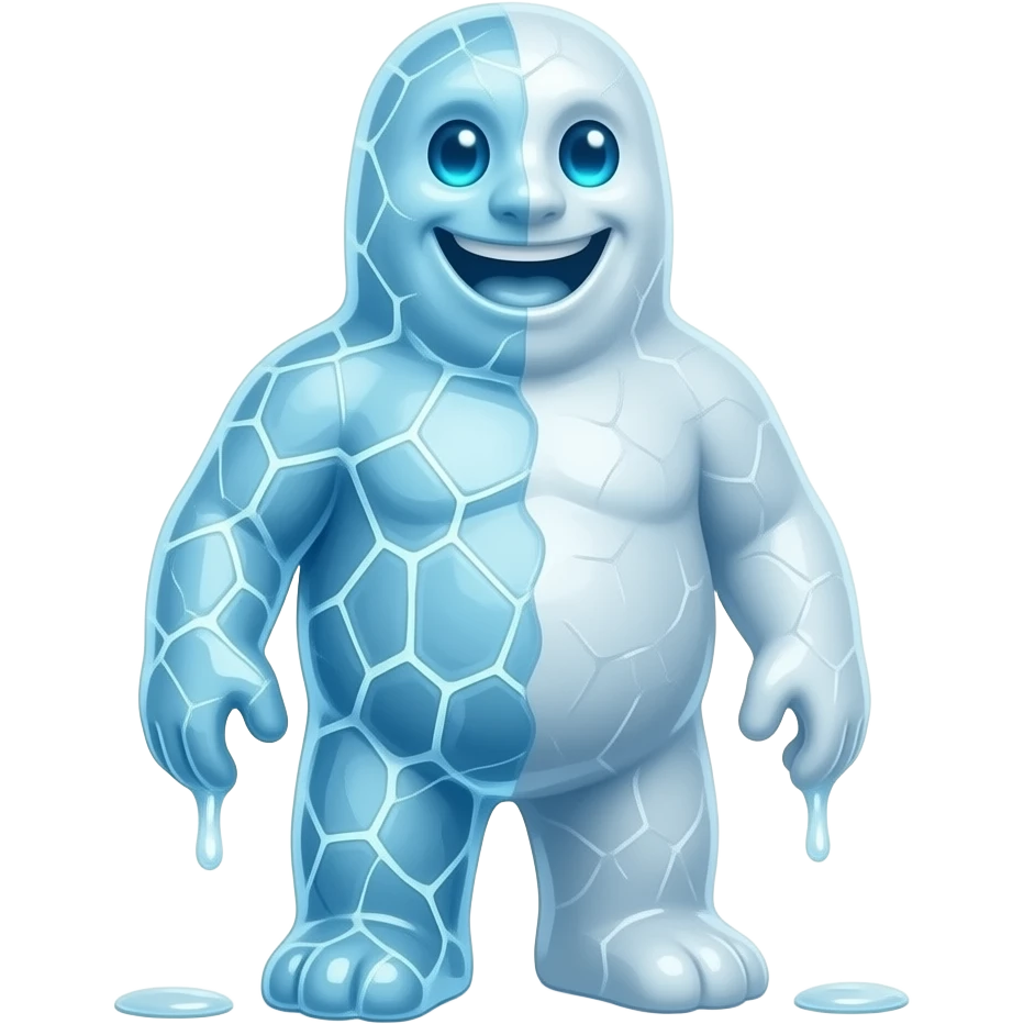 A full-body character that is a walking ice sculpture, half-frozen and ...
