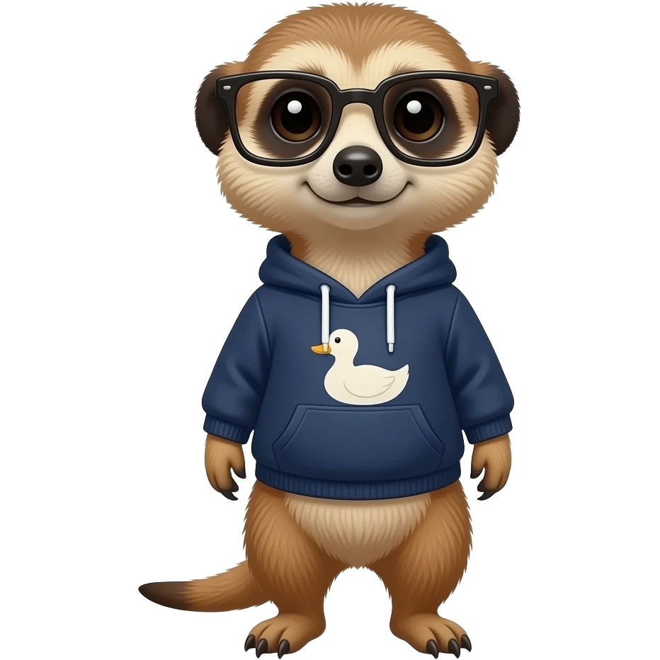 Create a meerkat wearing squared edge glasses and dark blue jumper with a duck print on it emoji