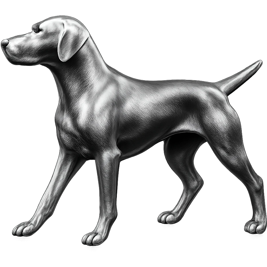               Apply a high-end, photorealistic metallic chrome material to the provided {subject}. The material should have a smooth, slightly curved surface with subtle reflections and soft shadows, resembling brushed or polished silver metal. Preserve the exact shape, proportions, and design of the original object. Set it against a solid black background (#000000) in 8K resolution. The lighting should enhance the beveled edges and reflective highlights, creating a sleek, premium finish. {subject} = dog pointing left emoji
