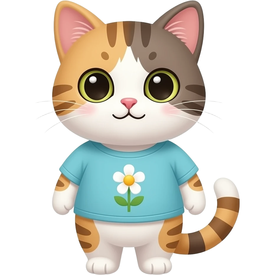 A cute cat wearing a cute shirt with a cute little flower emoji