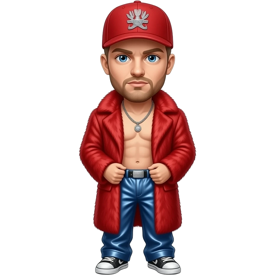 Fred Durst with blue eyes, light brown buzz cut hair, red cap, red fur coat, indigo metallic baggy pants, shirtless with necklace emoji