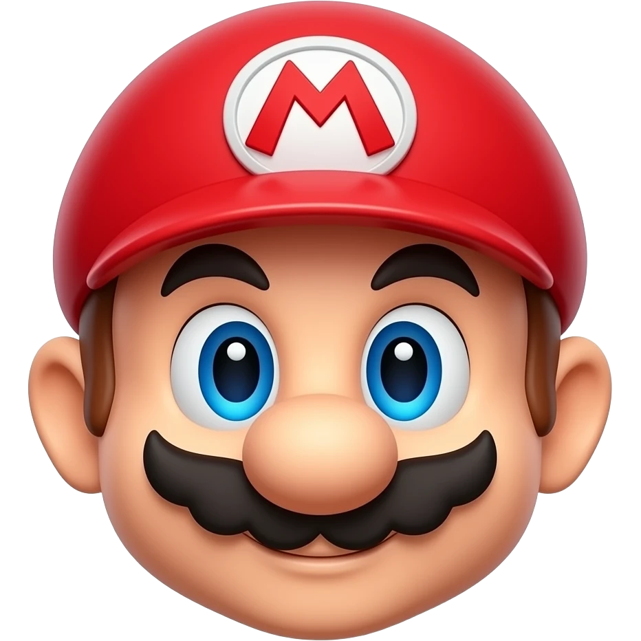 same exact cute 3D plumber emoji character, front view, glossy red cap, blue eyes, cartoon mustache, pixar style, smooth 3D emoji render, only camera angle changes, same character identity, same proportions, same colors emoji