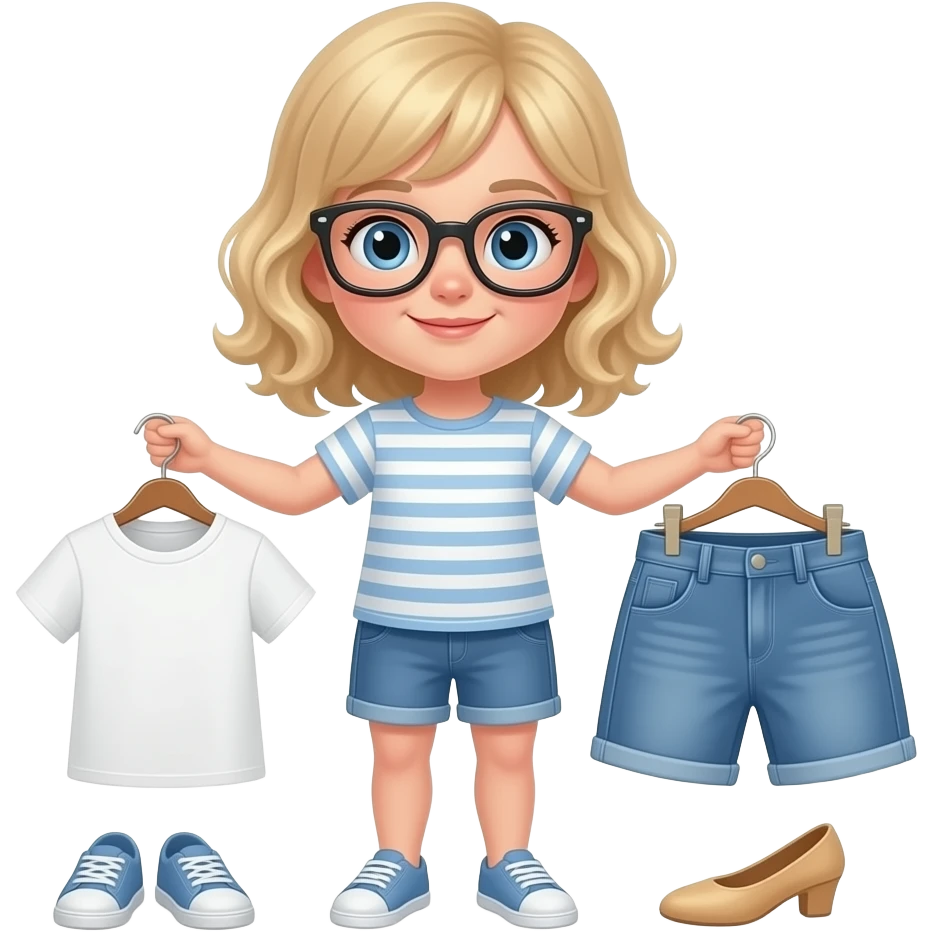 white kid blue eyes mid length with bangs soft curly hair to shoulders in color: middle to little darker blond, prepare outfit for tomorrow, a short trousers holding in her hand emoji