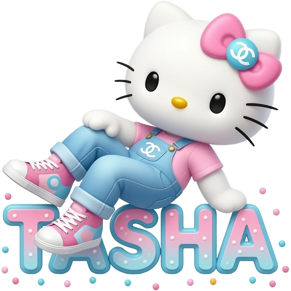 4D Velvety fur hello kitty wearing ombre white and blue and pink ombre pastel colored jeans and sneakers, and with the Chanel symbol on her ombre pastel bow sitting sideways leaning back on top of the velvety 3D outlined letters TASHA surrounded with tiny ombre pastel dots made of candy emoji