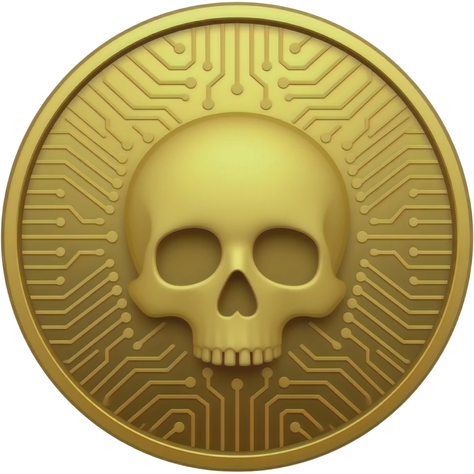 Bitcoin with a skull and symmetrical circuit patterns on it emoji