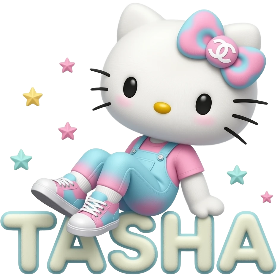 4D Velvety fur texture hello kitty wearing ombre white and blue and pink ombre pastel colored leggings and sneakers, and with the Chanel symbol on her ombre pastel bow sitting sideways leaning back on top of the velvety 3D outlined letters TASHA surrounded with tiny ombre pastel stars made of candy emoji