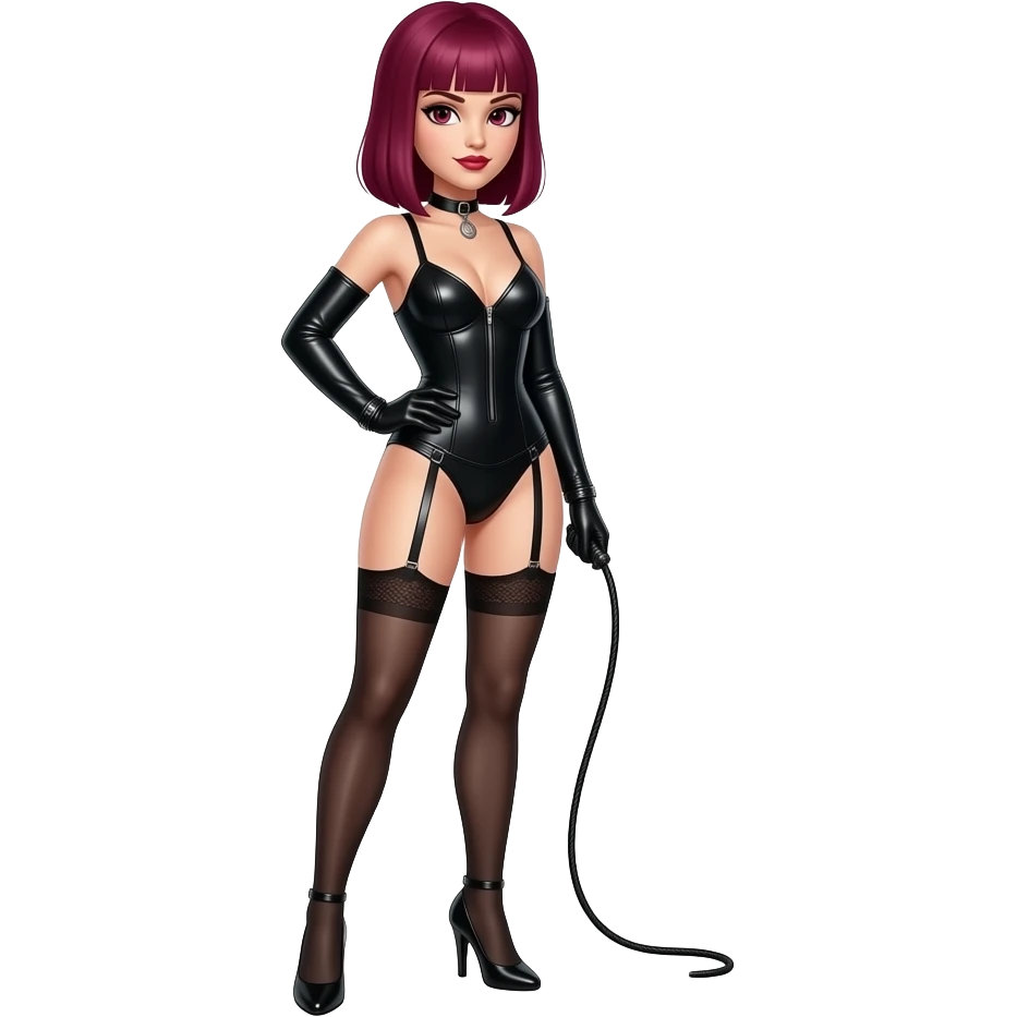 Dominatrix with very straight, shoulder-length burgundy hair. Standing up, wearing black stiletto heels, holding a whip. emoji
