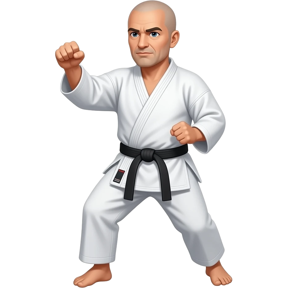 Middle-aged, white man wearing karate uniform , shaved short hair with a black belt doing a punch emoji