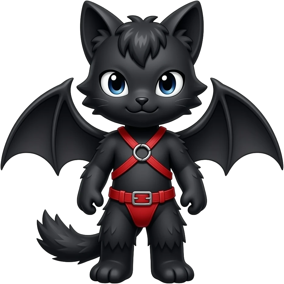 black edgy emo furry bat-cat-fursona-Fakémon with a red chest harness emoji