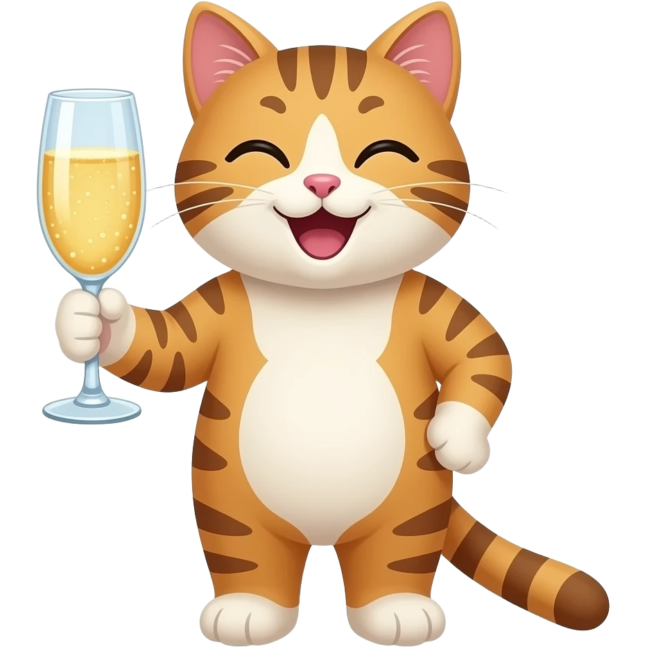a happy cat enjoying a glass of sparkling wine emoji