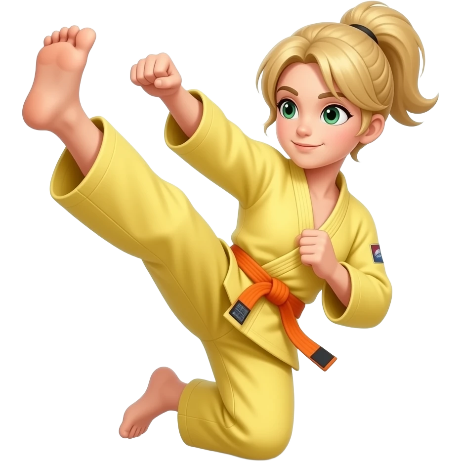 Blonde green eyed judo girl whit a yellow has orange in the middle belt ...