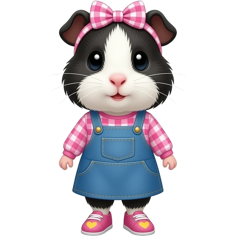 black and white guinea pig with pink long sleeve gingham shirt, jean dress, pink shoes with yellow hearts and a pink gingham bow in hair emoji