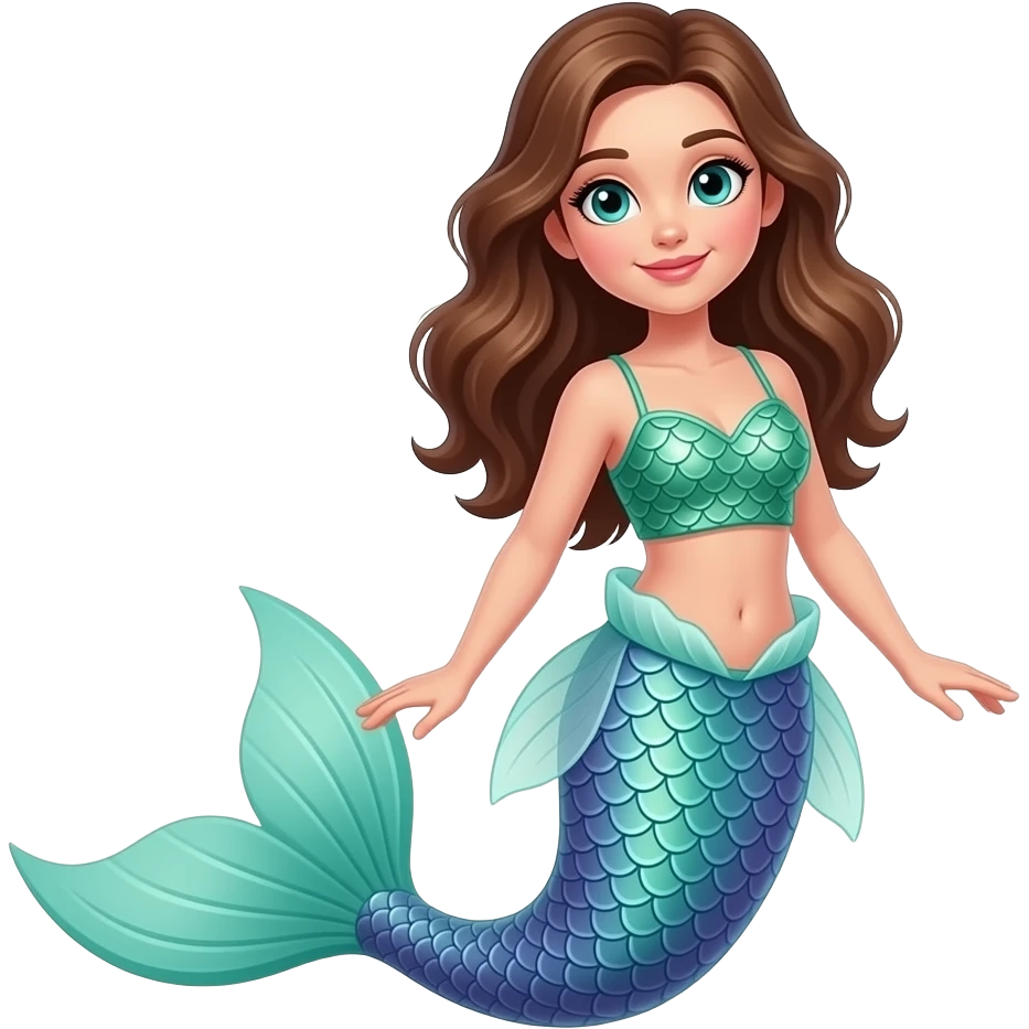 woman with brown hair and bring turquoise eyes and a mermaid tail, made of green and purple scales, wearing a crop top made of green fish scales full body emoji