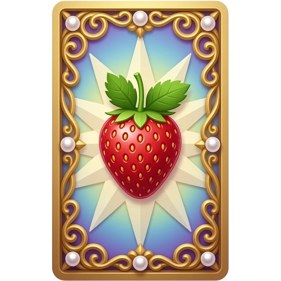 Tarot card, a strawberry, gold and pearls embellishments, very decorated, gradient accents. emoji