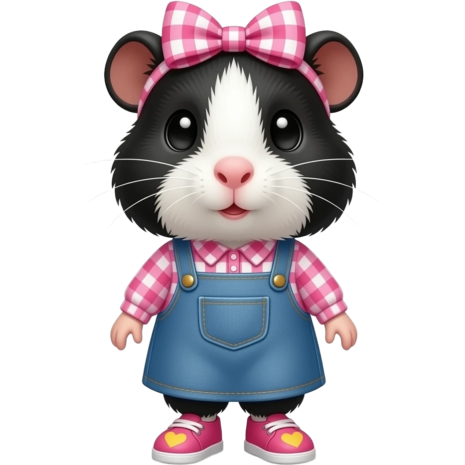 black and white guinea pig with pink long sleeve gingham shirt, jean dress, pink shoes with yellow hearts and a pink gingham bow tied in fur emoji