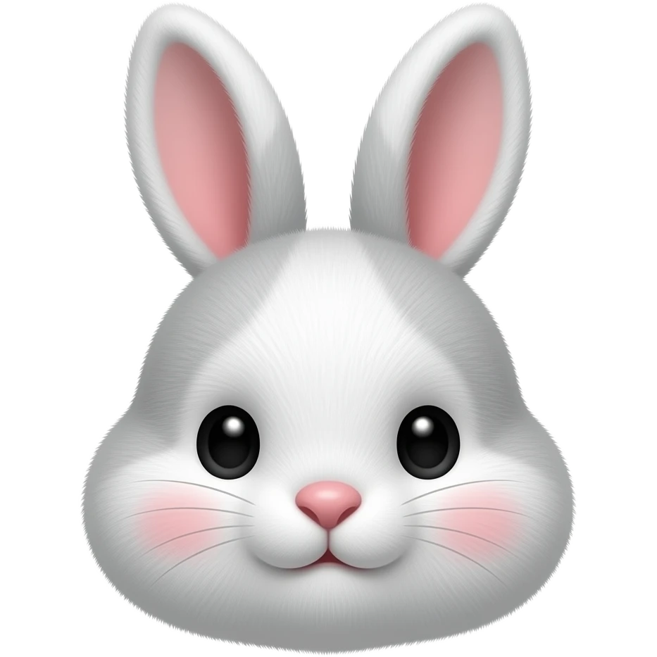 iOS-like 3D rabbit emoji icon, cute round face, long upright ears, soft white fur, small pink nose, big black eyes, chubby cheeks, soft glossy texture, clean white background, centered composition, minimal cute icon style. emoji