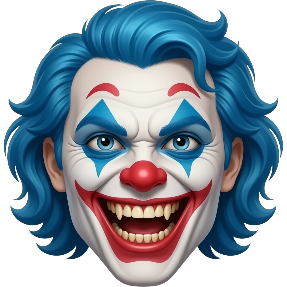 An evil , demonic clown with blue hair, head only, wicked grin, hyper real, crazy makeup, scary emoji