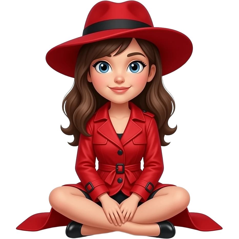Carmen San Diego, a young woman wearing a wide brim red hat with a black band, wearing a red trench coat, sitting crossed legs on the floor (fullbody) emoji