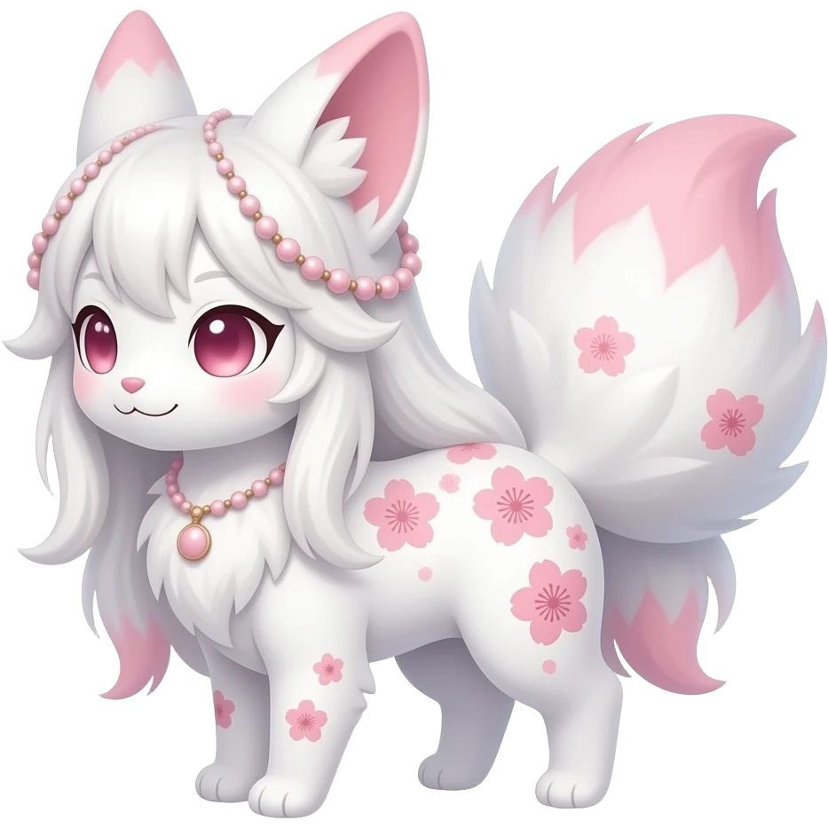 White kawaii realistic sakura floral Fuzzy slim oriental feathery long-haired beaded mane cozy rosy aesthetic feathery Rosy beautiful Sylveon-Furret-Fennekin-Minccino-Espeon-Fakémon-hybrid emoji