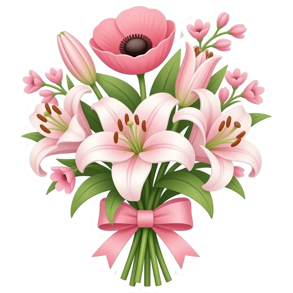 استیکره دسته گل لیلیوم رو میخوام که پاپیون صورتی داشته باشه و گل صورتی باشه emoji