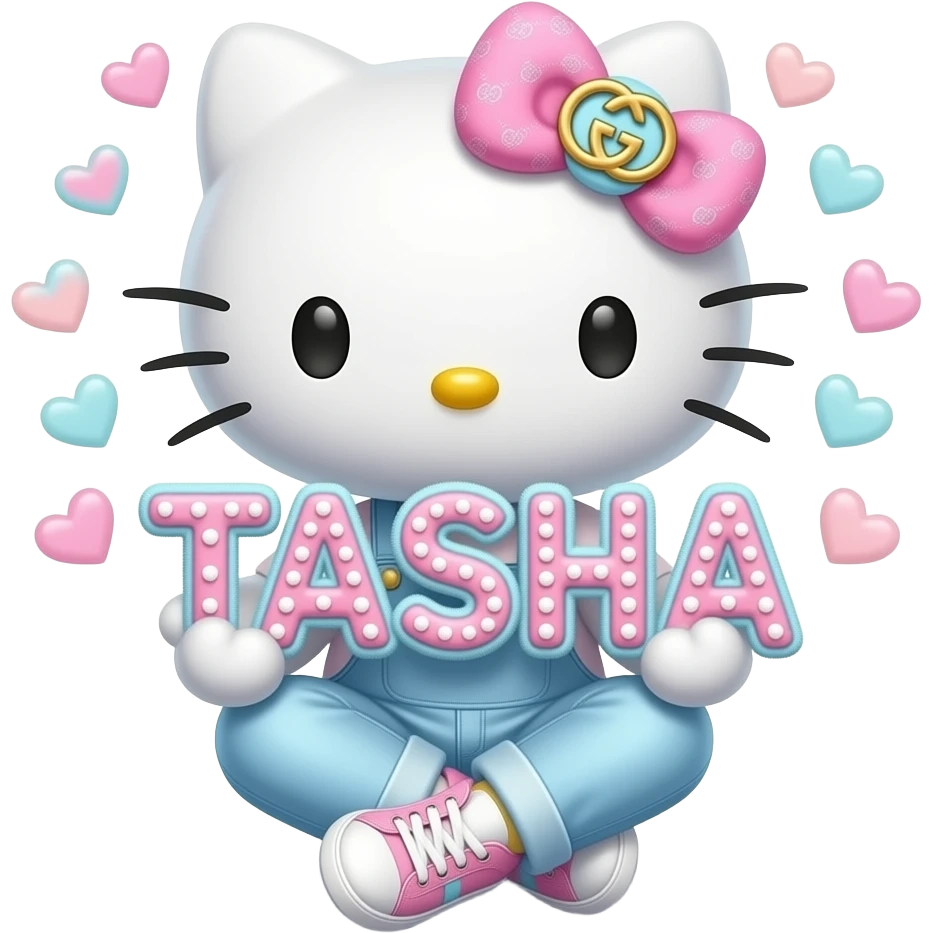 4D Velvety fur texture hello kitty wearing ombre white and blue and pink ombre pastel colored skinny jeans and sneakers, and with the Gucci symbol on her ombre pastel bow sitting down holding the velvety 3D outlined letters TASHA and surrounded with tiny ombre pastel hearts made of candy emoji