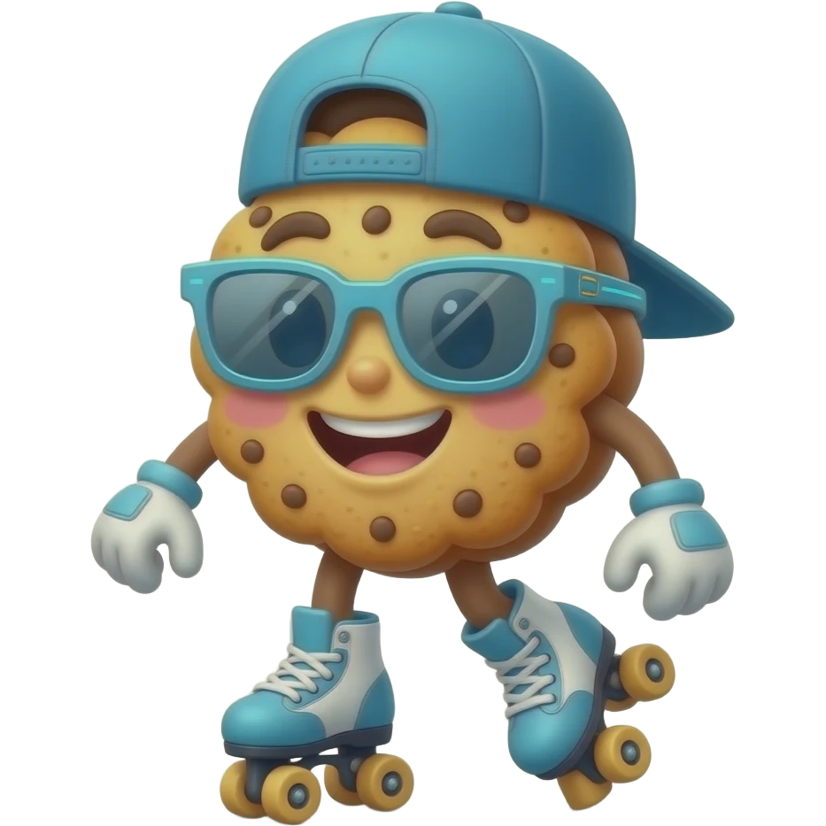 una galleta animada con rasgos de caricatura de los años 30 (estilo Rubber Hose, como Mickey clásico o Cuphead) pero con colores modernos. Puede llevar patines, gorra hacia atrás o lentes de sol futuristas para darle ese aire Y2K. emoji