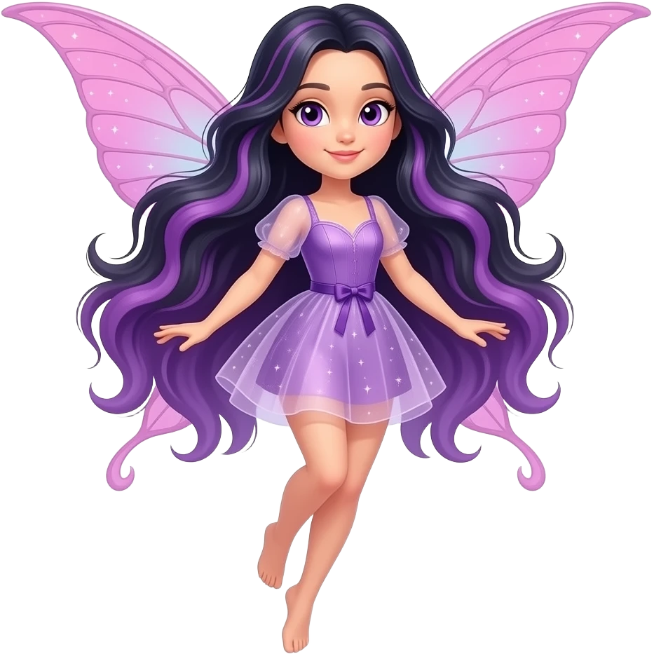 A beautiful faerie with pink wings, long dark hair, purple eyes, in a short see-through purple outfit. Highly detailed, realistic, (full body) hovering in the air emoji