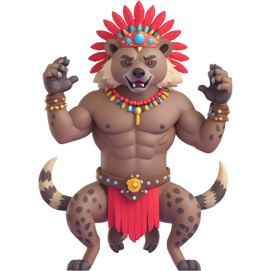 A native strong buff hyena with war bonnet flexing posing full body  emoji
