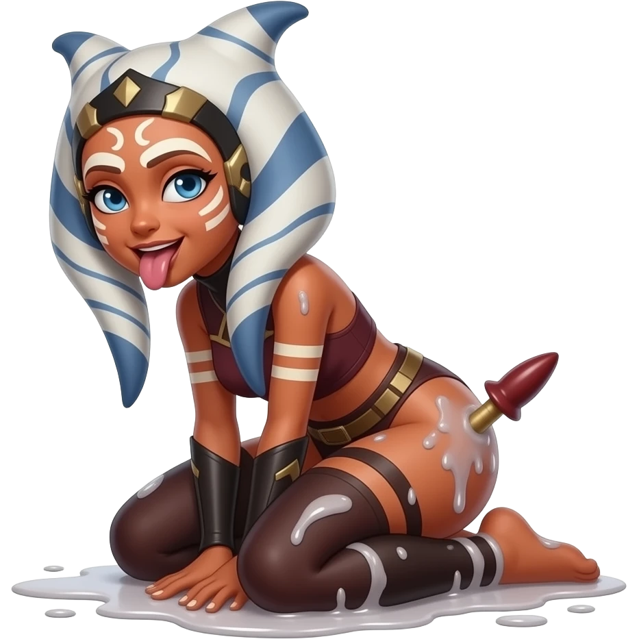 full naked, no clothes, little ahsoka tano, sitting naked, covered in cum, bending over, dildo in her butthole, tongue out emoji
