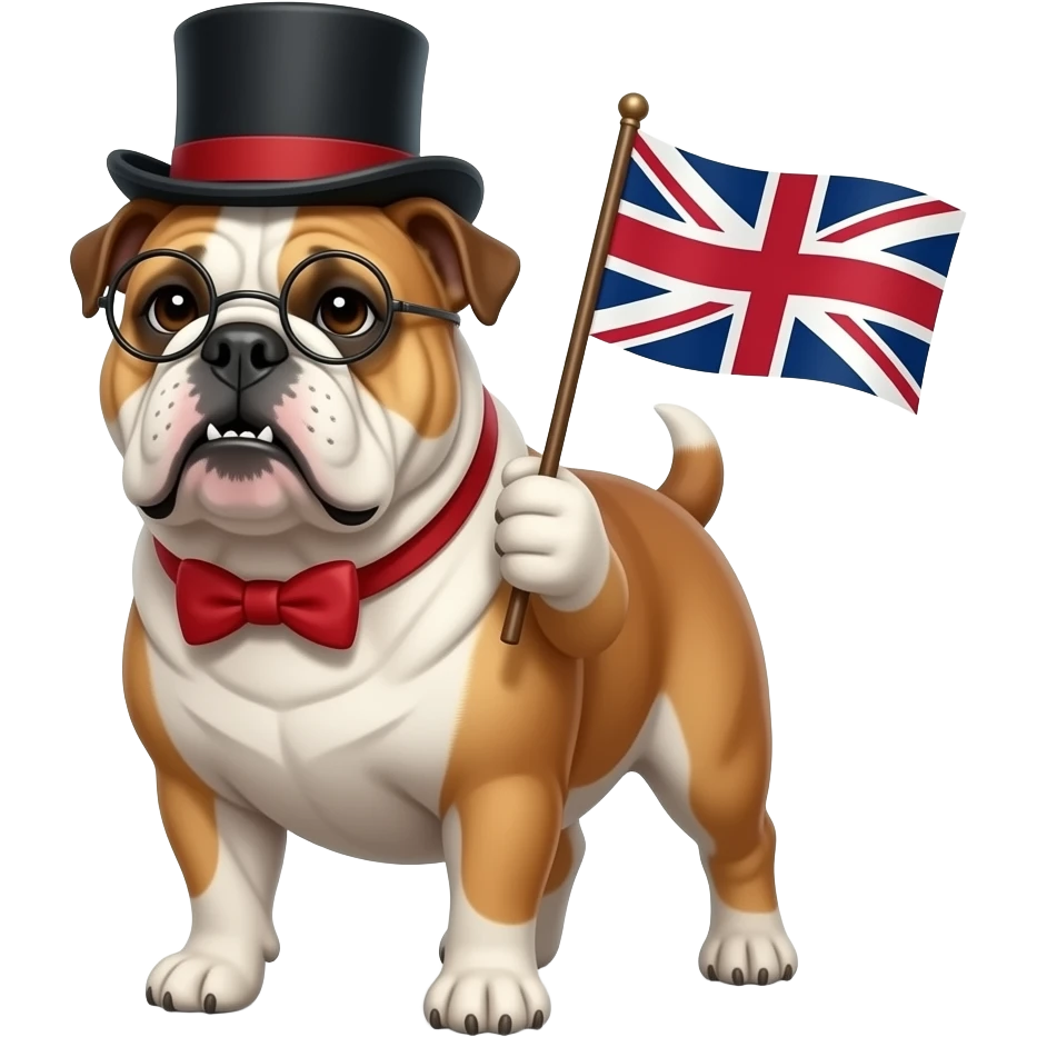 British bulldog wearing a top hat and monocle holding a British flag and stand like a human emoji