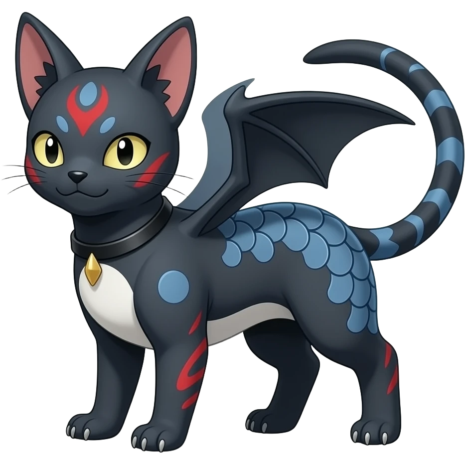 Realistic Digitigrade quadrupedal gothic cool edgy cute midnight scaly blue-gray-black, with red markings, white belly, scaley Bastet-Salandit-Absol-Umbreon-Litten-Noibat-Digimon-Fakémon-Pokémon-creature (full body), with bat wings as ears emoji