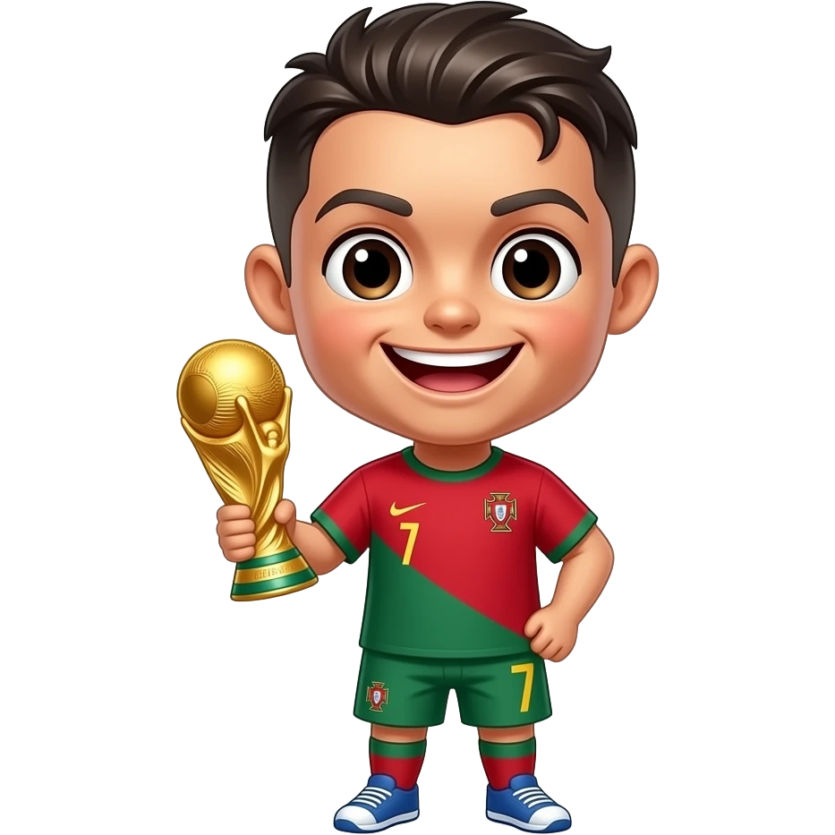 Cute chibi Cristiano Ronaldo, wearing Portugal national team jersey, holding the FIFA World Cup trophy, big happy smile, glossy 3D emoji sticker, kawaii style, white outline, transparent background, ultra detailed, high quality. emoji