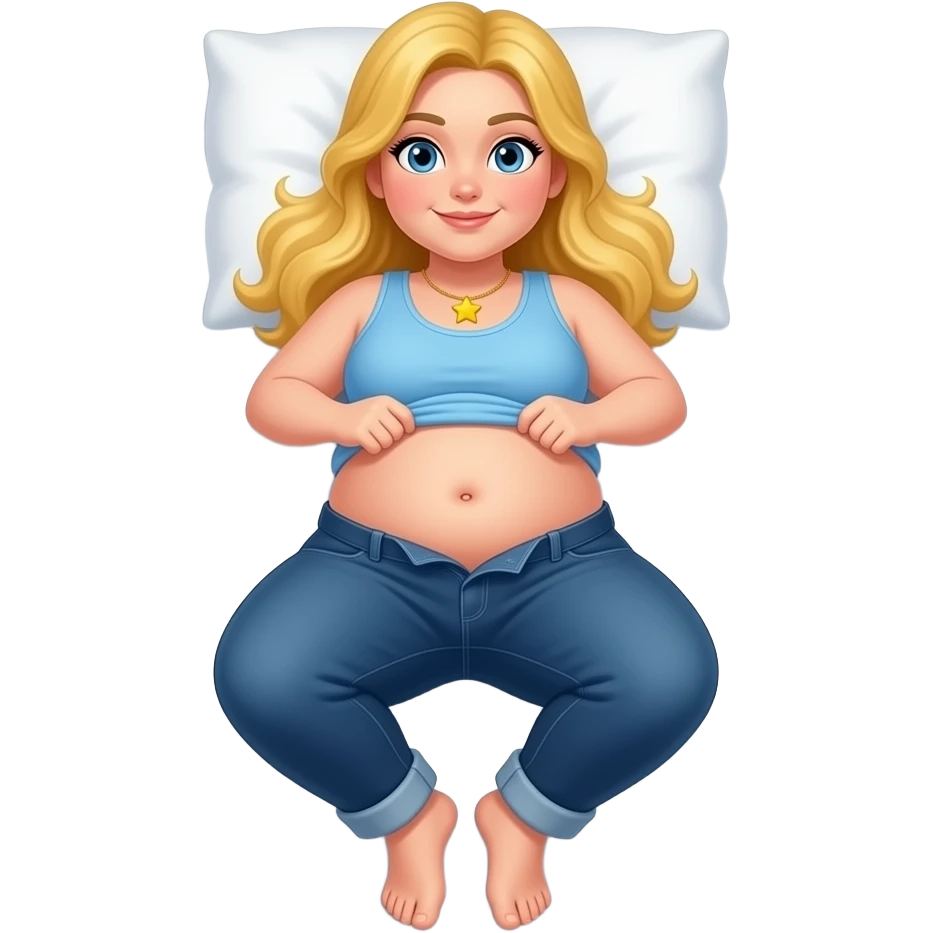 Chubby white girl blue eyes yellow long hair light blue tank top yellow star necklace dark blue plain jeans showing her feet lifting her tank top up to show chubby belly button laying down on her pillow in bed to show feet emoji