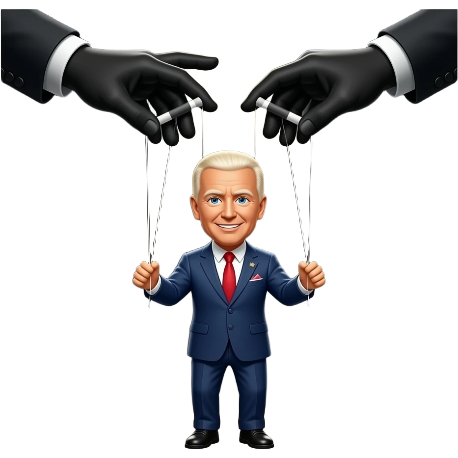 Black hands controlling a marionette styled puppet that looks like President Biden emoji