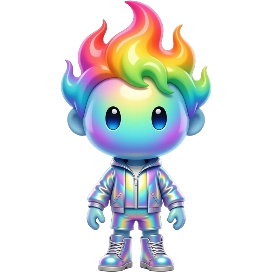 Rainbow plasma blob mascot with glowing plasma skin, colorful flame hairstyle, radiant outfit, energy boots, big head, small body, full body. emoji