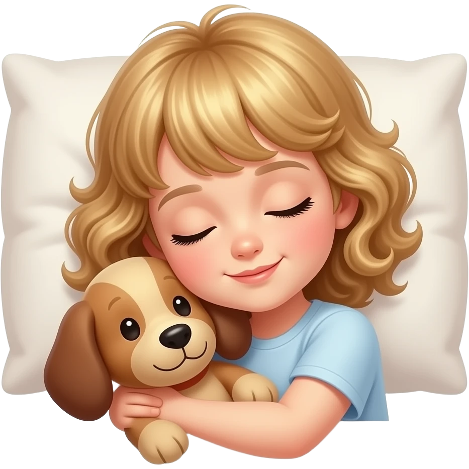 white kid  mid length hair to shoulders with bangs soft curly hair to shoulders in color: middle to little darker blond. sleeping on a pillow with a soft smile and hugging a soft brown stuffed dog emoji