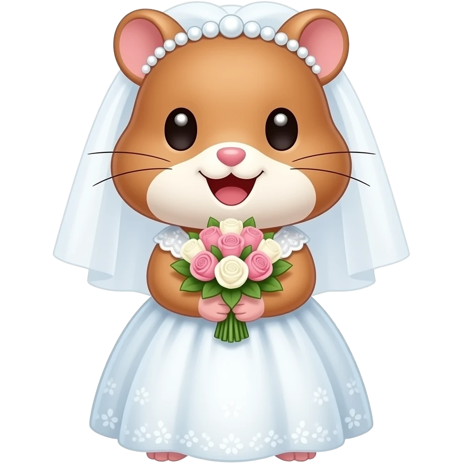 부케를 들고 활짝 웃는 귀엽고 예쁘고 깜찍한 갈색 햄스터 신부. emoji