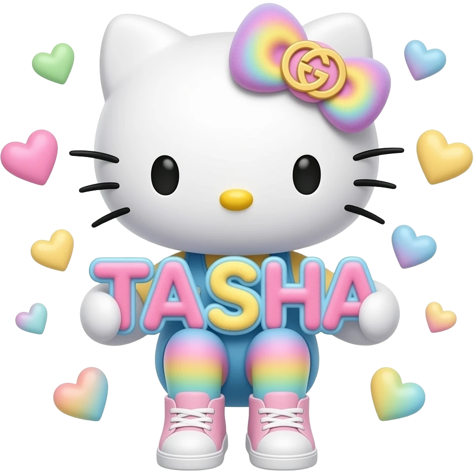 4D Velvety fur texture hello kitty wearing ombre white and blue and pink and yellow ombre pastel colored leggings and sneakers, and with the Gucci symbol on her ombre pastel bow sitting down holding the velvety 3D outlined letters TASHA and surrounded with tiny ombre pastel hearts made of candy emoji