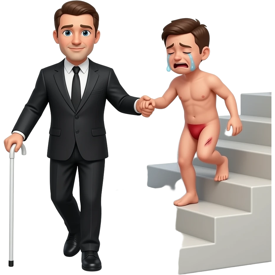 A stern clothed man with a thin whippy cane is leading by the hand and dragging a small, crying, naked man up a flight of stairs, walking up towards the top,top,by the ear, his red buttocks are very bruised. emoji