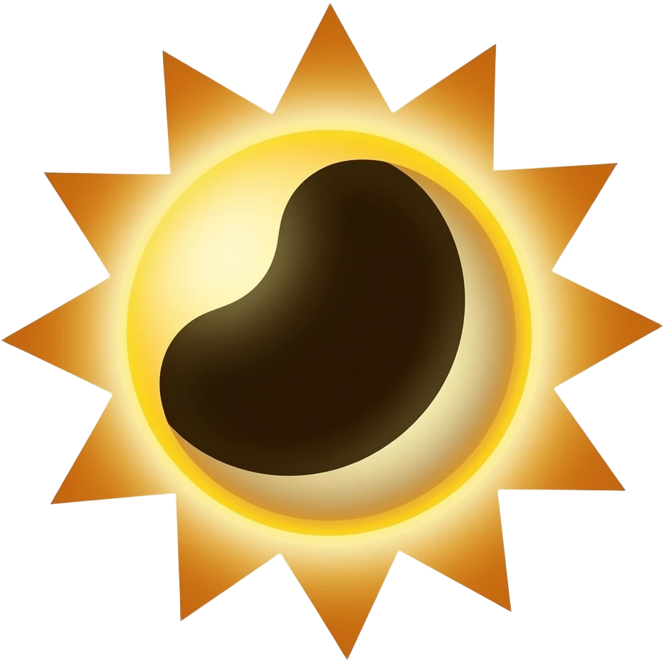 Solar eclipse moon offset from sun. Sun rays more stylized transparent background emoji