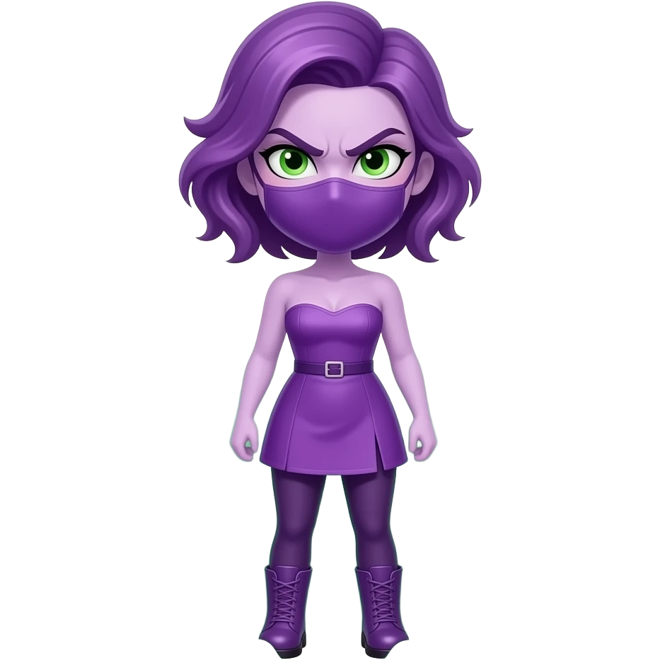 angry woman with lilac skin, lime green eyes, purple hair, a thin, purple face mask, a purple strapless dress with leggings and purple boots, surrounded by green smoke emoji