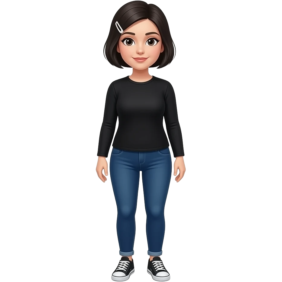 White woman with a long sleeve black plain shirt, dark blue skinny jeans, black short hair with a white clip on the left of her hair, a little bit chubby, and white and black sneakers emoji
