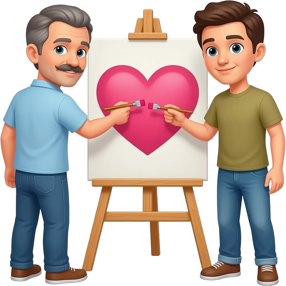 Mann (40) mit moustache und jüngerer Mann (23) malen zusammen Oberkörper frei ein Herz auf einer Staffelei emoji