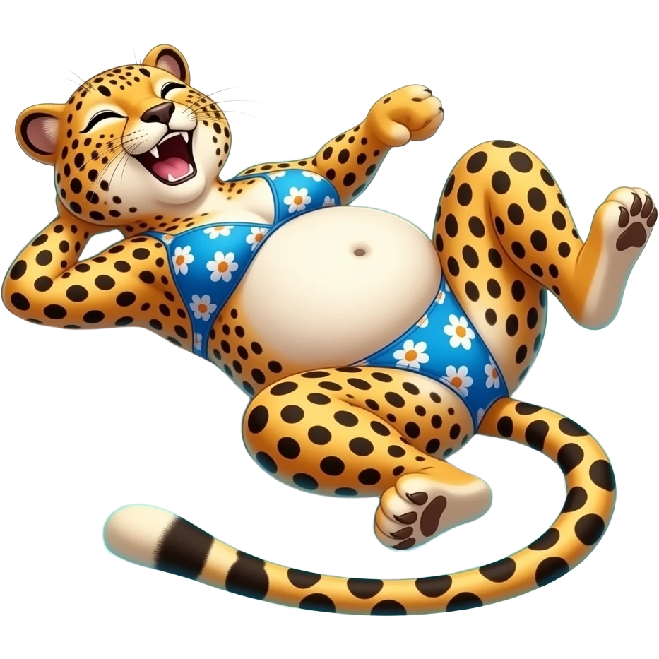 A cheetah enjoys beach holiday in her swimmers,but she is so full from a lunch break that she is about to burst,Then her fat Tummy rolls & drops out,she will just lay on her back in the shallow cool water,her gluttonous belly promotes a good resort business. emoji