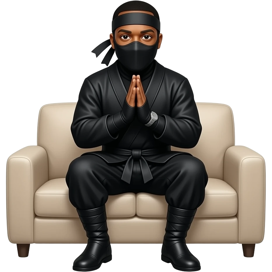 pdiddy wearing black ninja costume while praying sitting on a sofa. hyper realistic emoji