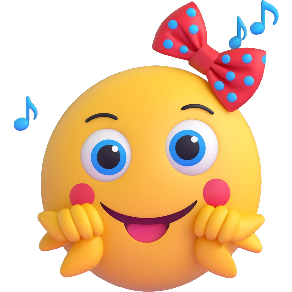 3D smiley emoji, large eyelashes, red polka dot bow, amazed, raised eyebrows, blue eyes, musical notes emoji