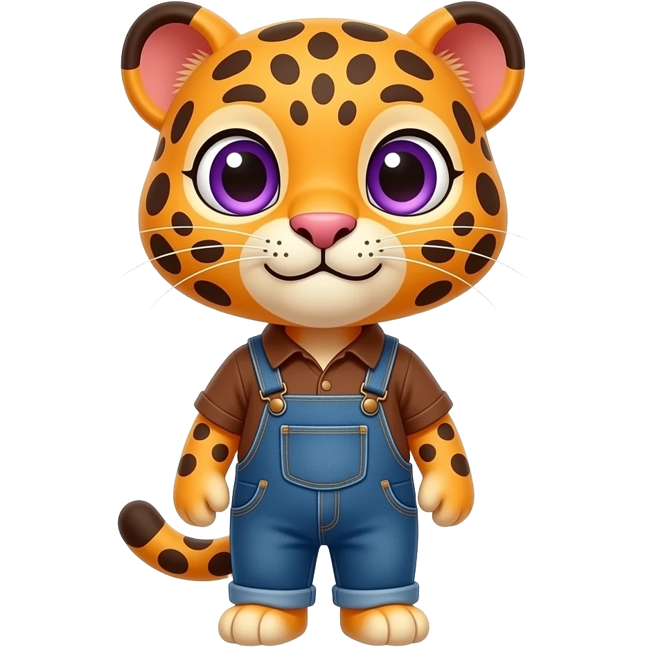 A orange leopard wearing jeans and a brown shirt with purple eyes ( make it cute ) emoji