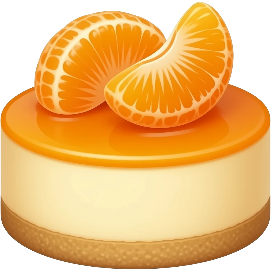 Realistic mini cheesecake topped with two mandarin segments and a mandarin mirror glaze. emoji